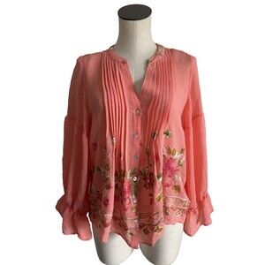 Hope Springs Peasant Top Blouse Shirt Embroidered Peach Bohemian Floral Medium